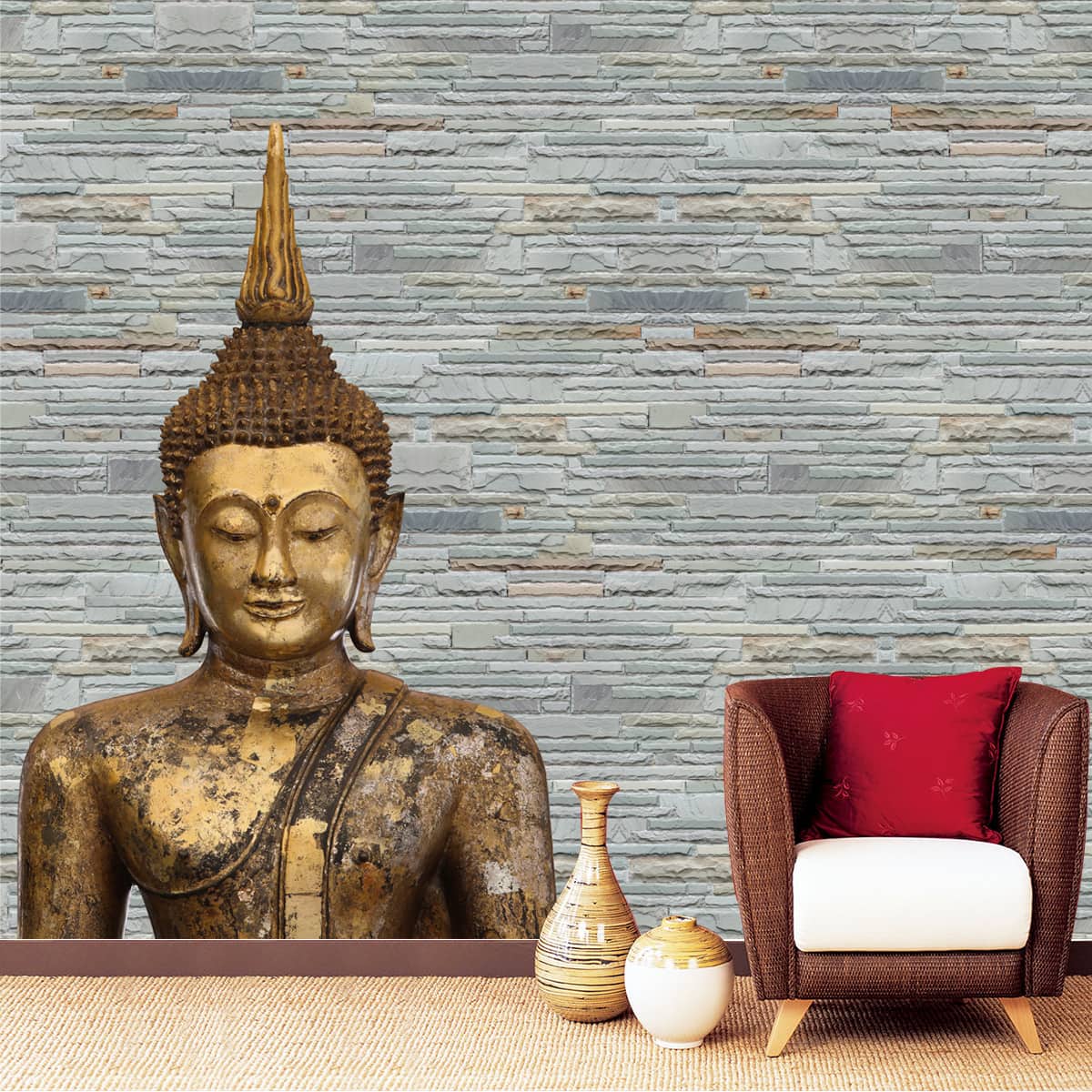 A close-up of aBronze Buddha on Slate Background Wallpaper for Room Walls, Customised Indrani Series Canvas Texture Design (Customised Size Wallpaper )available at Material Depot in Bangalore